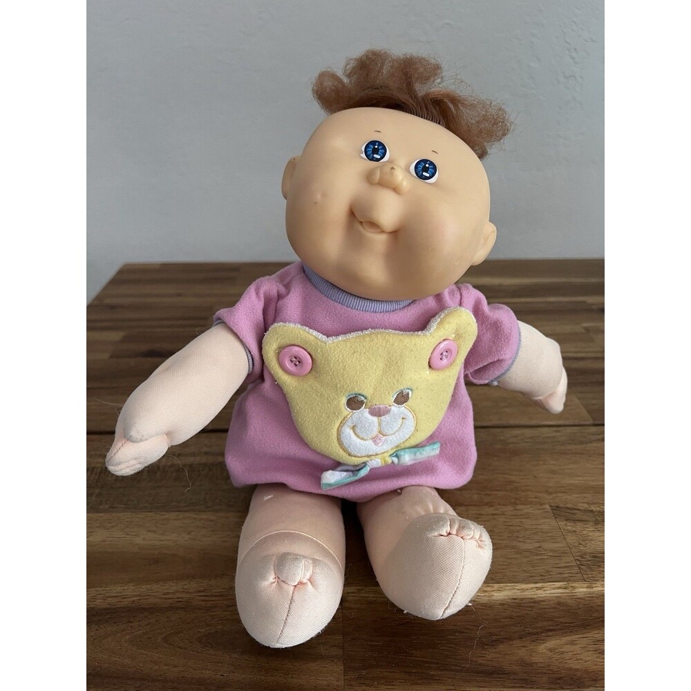 Hasbro Cabbage Patch Doll Brown Curly Hair Pink Bear Soft Body Removable Clothes